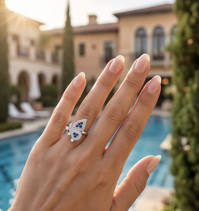Vintage style - Blue Butterfly - 2.8 carat Sapphire .925 Sterling Silver handcrafted Statement ring s. 8 - Worn on hand, blue butterfly sapphire ring, elegant outdoor setting.
