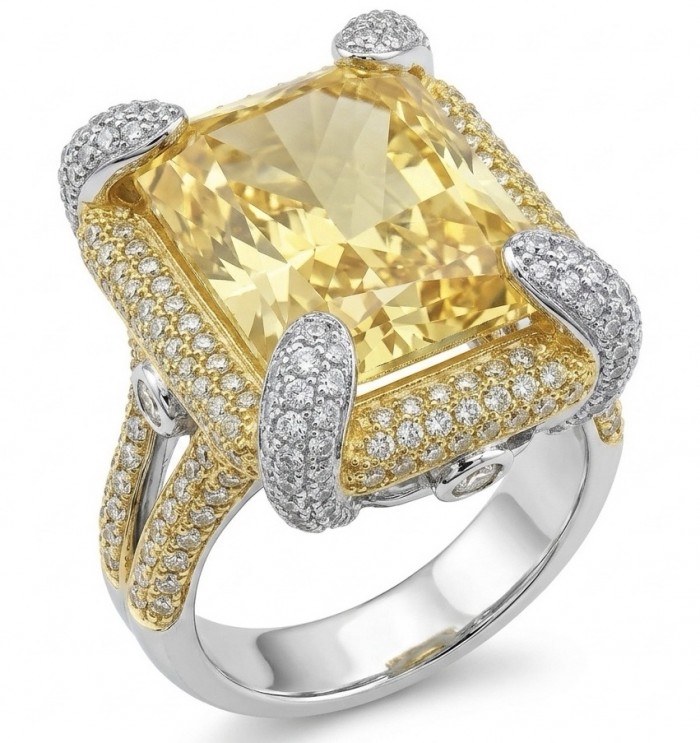Carolyn - stunning 29.8 carat Genuine Yellow Sapphire rhodium over .925 Sterling Silver handcrafted ring size 7 - Close-up of a 29.8 ct yellow sapphire ring with diamond accents.