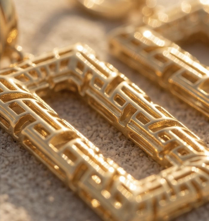 Dubai Style - .925 Sterling Silver dipped in 22K Gold handmade Earrings - Close-up of gold-plated geometric earrings on textured surface.