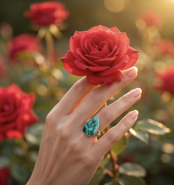 Authentic Parrot's Wing Chrysocolla rhodium over .925 Sterling Silver handcrafted ring size 8 adjustable - Chrysocolla ring worn on hand, surrounded by red roses in sunlight.
