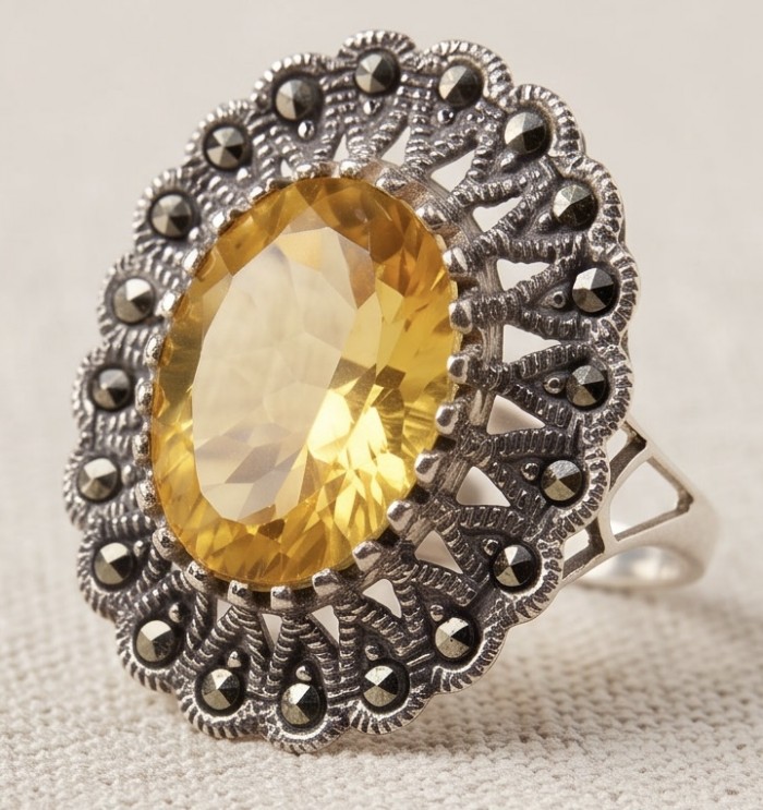 Costa del Sol 9.4 carat Lemon Quartz rhodium over .925 Sterling Silver handcrafted ring size 8 - Close-up of Costa del Sol ring with lemon quartz and marcasite accents.
