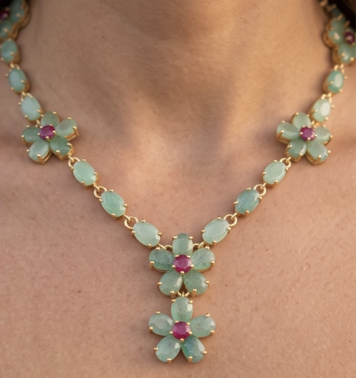 Victoria - 58.4 carat Colombian Emerald 18K Gold over .925 Sterling Silver handmade Statement necklace - Emerald necklace worn on neck, 18K gold floral design with ruby accents.