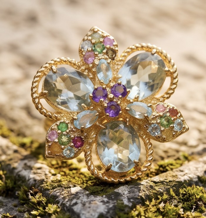 Enchanted Flower 28.5 carat Aquamarine .925 Sterling Silver dipped in Real 22K Gold Oversized Ring size 8 - Close-up of Enchanted Flower ring with aquamarine and colorful gems.