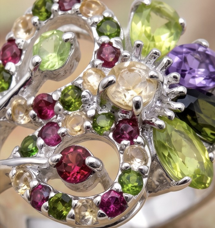 4.8 carat Brazilian Tourmaline .925 Sterling Silver dipped in rhodium Perfectly handcrafted Ring s. 6 - Close-up of multicolored gemstone sterling silver ring detail.