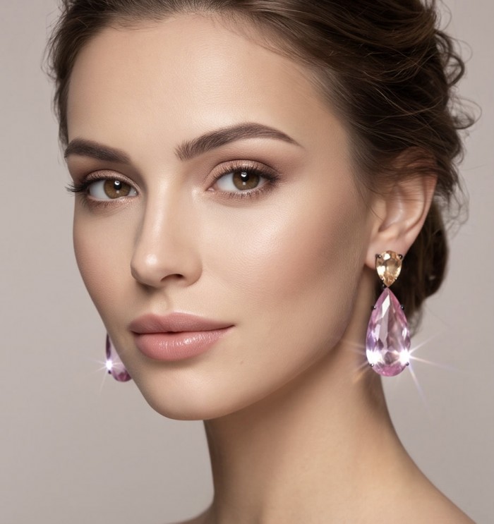 Victoria- authentic pear cut 12.7 carat Pink Topaz .925 Sterling Silver dipped in black rhodium handcrafted Earrings - Woman wearing pear cut pink topaz earrings, close-up view.