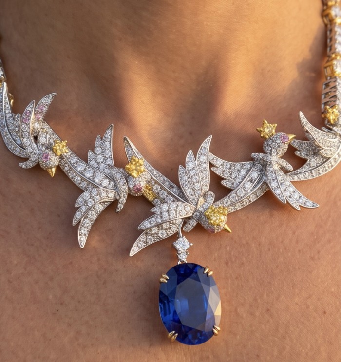 Freedom - Bird on a Rock 14.8 carat BRAZILIAN SAPPHIRE 22K Gold over .925 Sterling Silver handmade necklace - Necklace with sapphire pendant and bird motifs, worn on neck close-up.