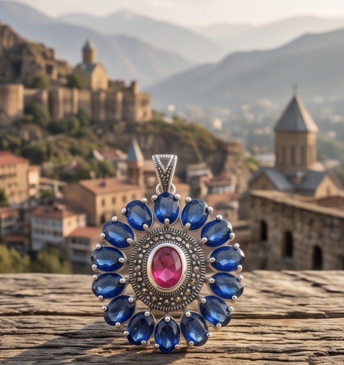 Giovanna 22.2 carat authentic Mozambique Ruby .925 Sterling Silver handmade Pendant - Close-up of Mozambique ruby pendant with blue gemstones, cityscape background.