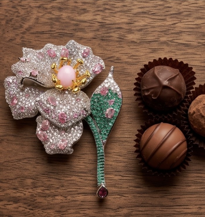 Majestic Design Exotic Flower Natural 6.2 carat Australian Pink Opal 4.2 carat Kunzite .925 Sterling Silver handmade Pendant Brooch - Exotic flower brooch on wood with chocolates, top view.