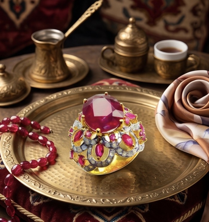 Opera Genuine 17.5 CARAT Mozambique Ruby 22K Gold over .925 Sterling Silver Large Statement Ring size 7 1/2 - Close-up of 17.5 carat Mozambique Ruby ring on ornate tray.