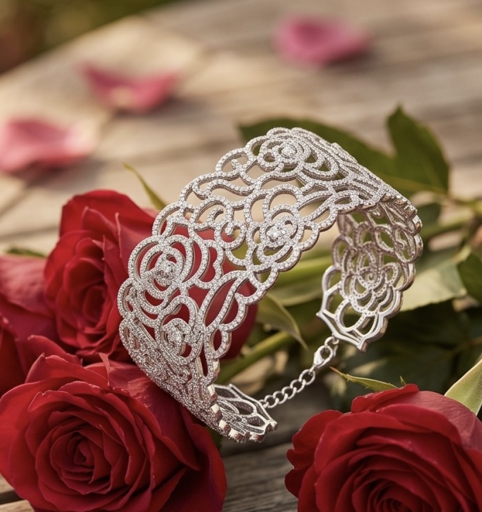 Dolce Vita - Precious Natural 12.5 carat pave White Topaz rhodium over .925 Sterling Silver handcrafted bracelet - Intricate lace-design cuff with white topaz amidst red roses, top view.