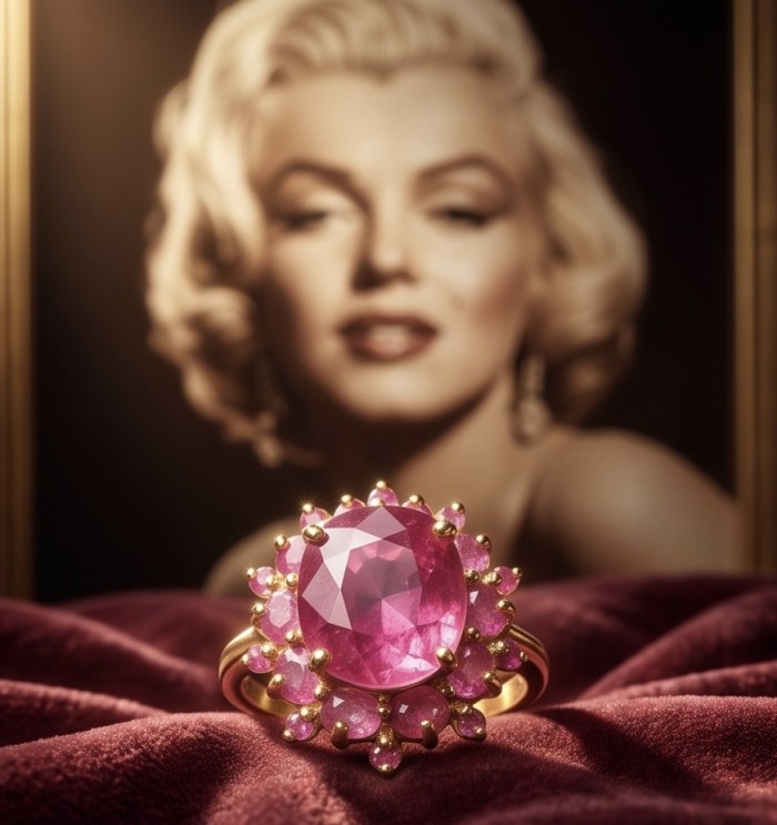 Blooming Garden Genuine 26.5 carat Kashmir Ruby .925 Sterling Silver dipped in 22K Gold Large Statement Ring size 8 3/4 - Close-up of blooming garden ring with Kashmir ruby on velvet background.