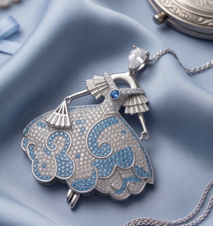 Ballerina - Precious pave 4.2 carat Colombian Sapphire rhodium over .925 Sterling Silver handmade Pendant - Brooch - Close-up of ballerina pendant with sapphire and diamond details.