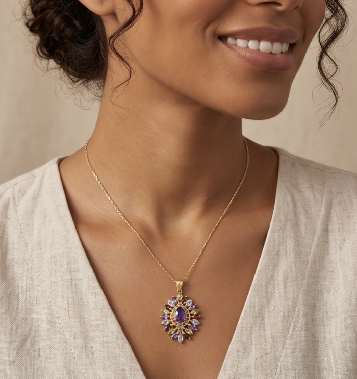 Mademoiselle - 15.5 carat natural Amethyst .925 Sterling Silver dipped in 18K Gold handcrafted Pendant - Worn necklace showcasing Mademoiselle 15.5 carat Amethyst pendant.