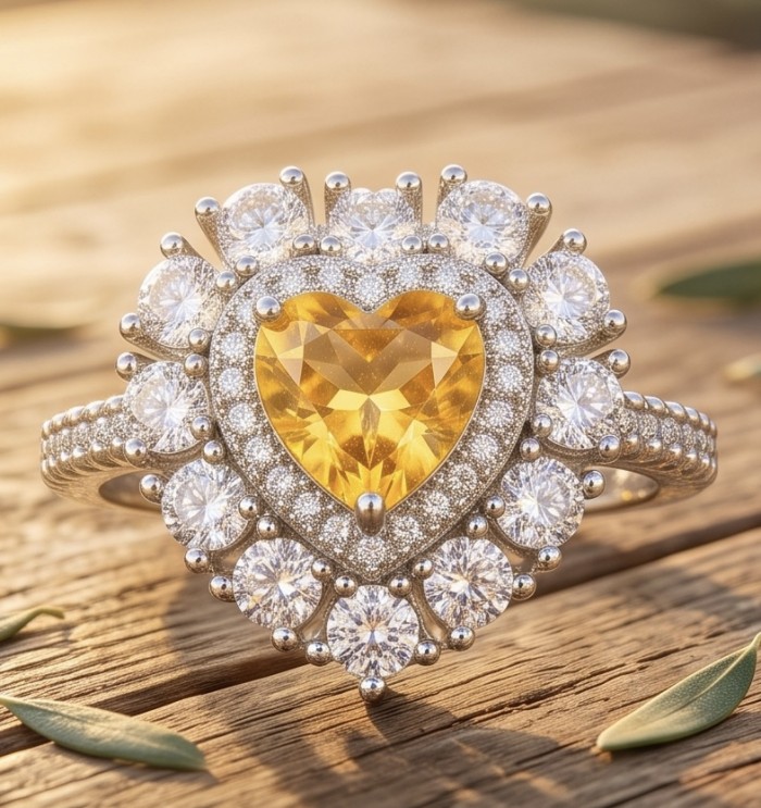 Heart 4.8 carat Genuine Yellow Sapphire .925 Sterling Silver handcrafted ring size 5 - Close-up of heart-shaped yellow sapphire ring with diamonds on wood surface.