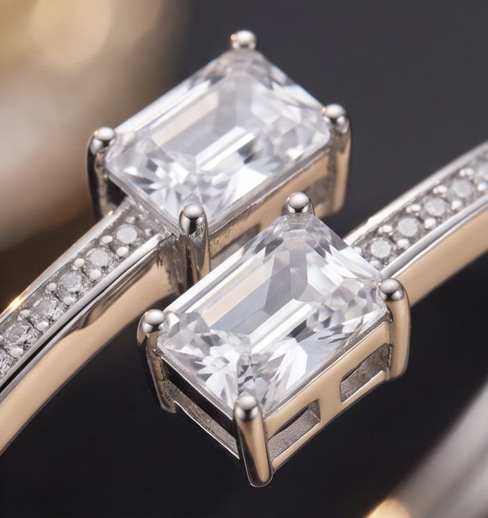 Precious Light Natural 12.2 carat Moissonite .925 Sterling Silver dipped in rhodium bracelet - Stone close-up of 12.2 carat Moissanite on sterling silver band