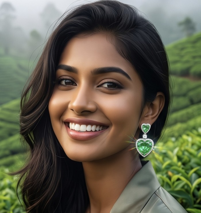 MOTHER NATURE - 18.5 carat Green Topaz .925 Sterling Silver handmade Statement earrings - Woman wearing MOTHER NATURE green topaz earrings, outdoor close-up.