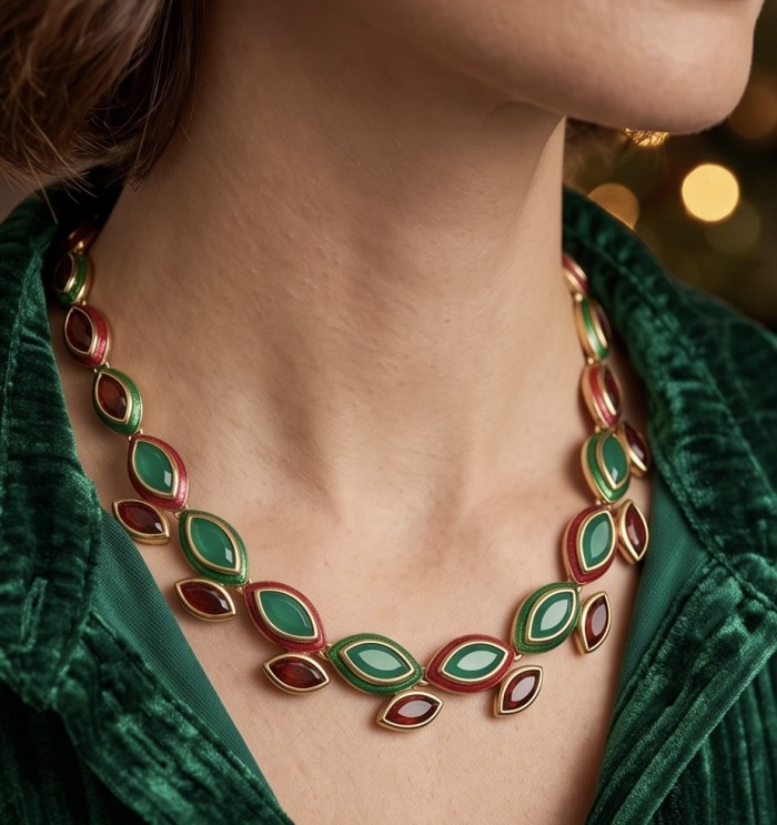 Outstanding - Red Rose - Authentic 28.2 carat Colombian Emerald Kashmir 24.8 carat Ruby Enamel 22K Gold over .925 Sterling Silver handcrafted necklace - Necklace worn, showcasing red and green stones, front view.