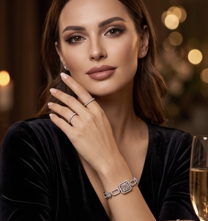Art Deco - Luxurious natural 12.5 carat White Topaz .925 Sterling Silver Perfectly handcrafted bracelet - Woman wearing Art Deco white topaz bracelet, rings; elegant evening setting