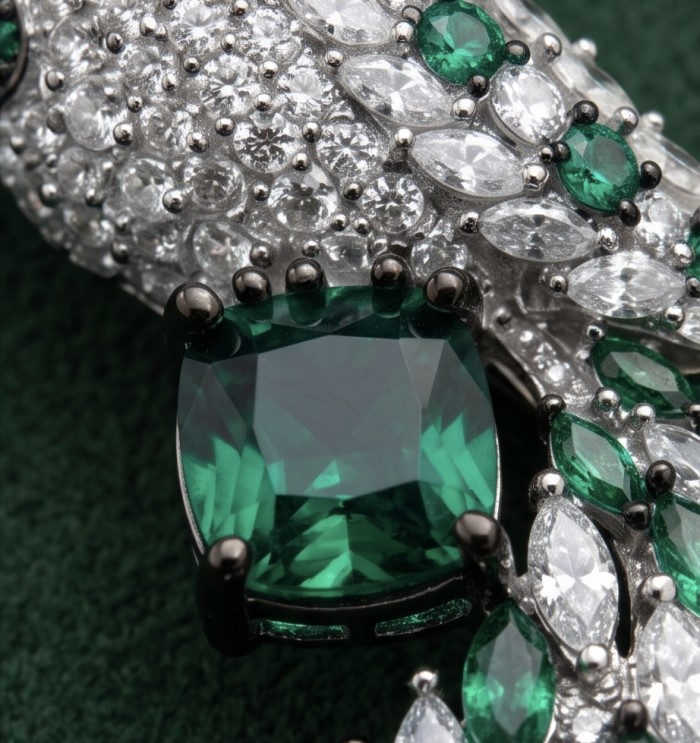 Exotic Parrot - 7.8 carat Emerald 2.9 carat pave Moissanite rhodium over .925 Sterling Silver rhodium over handcrafted Brooch - Close-up of emerald and moissanite in Exotic Parrot jewelry piece