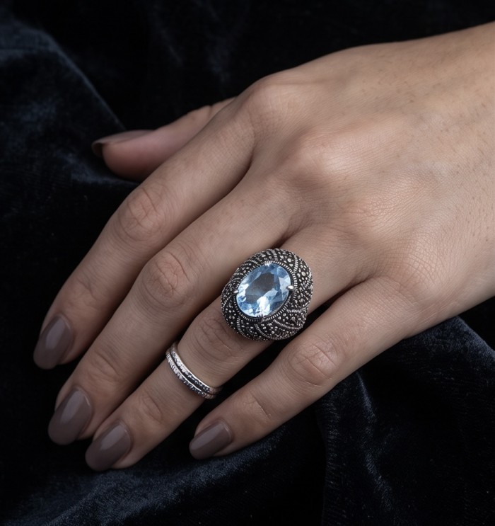 Massive Angel Blue 25.8 carat Aquamarine Marcasite .925 Sterling Silver handcrafted ring size 8 - Aquamarine and marcasite ring worn on hand, side view.