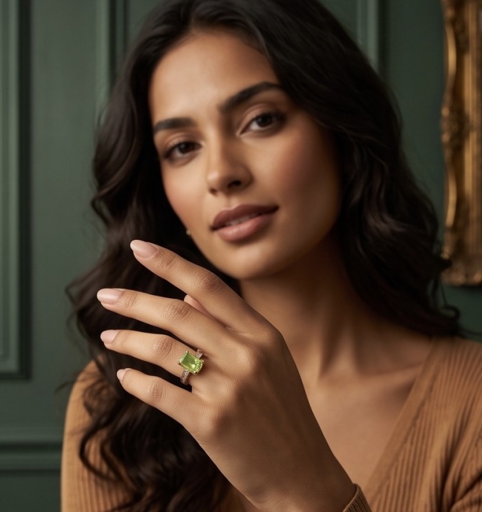 Real Beauty 8.2 carat Brazilian Peridot 18K Gold over .925 Sterling Silver Handcrafted Ring size 6 3/4 - Woman showcasing Peridot ring on hand against green background.