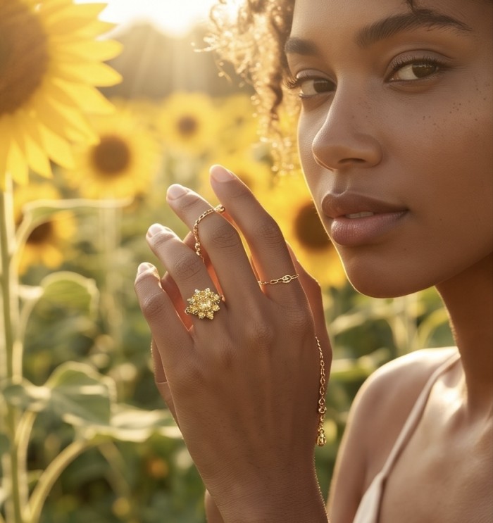 Victoria Authentic 15.5 carat Brazilian Citrine .925 Sterling Silver brilliantly dipped in rhodium handcrafted Statement ring; s. 8 - Close-up of Victoria Authentic Citrine ring worn on hand in sunflower field.