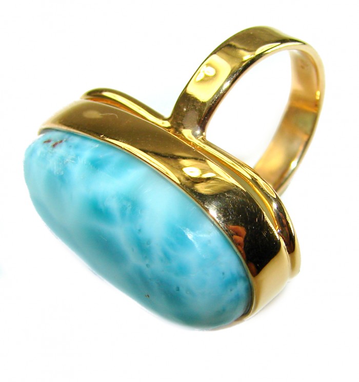 Blue Perfection AAAA QUALITY Blue Larimar 18K Gold over .925 Sterling Silver handmade Large ring size 8 adjustable - Side view of Blue Larimar stone in 18K gold ring setting.