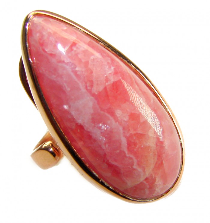 Strawberry Fields - 18.8 CARAT Argentinian Rhodochrosite 18K Gold over .925 Sterling Silver handmade ring size 7 - Close-up of Strawberry Fields ring with Argentinian Rhodochrosite stone