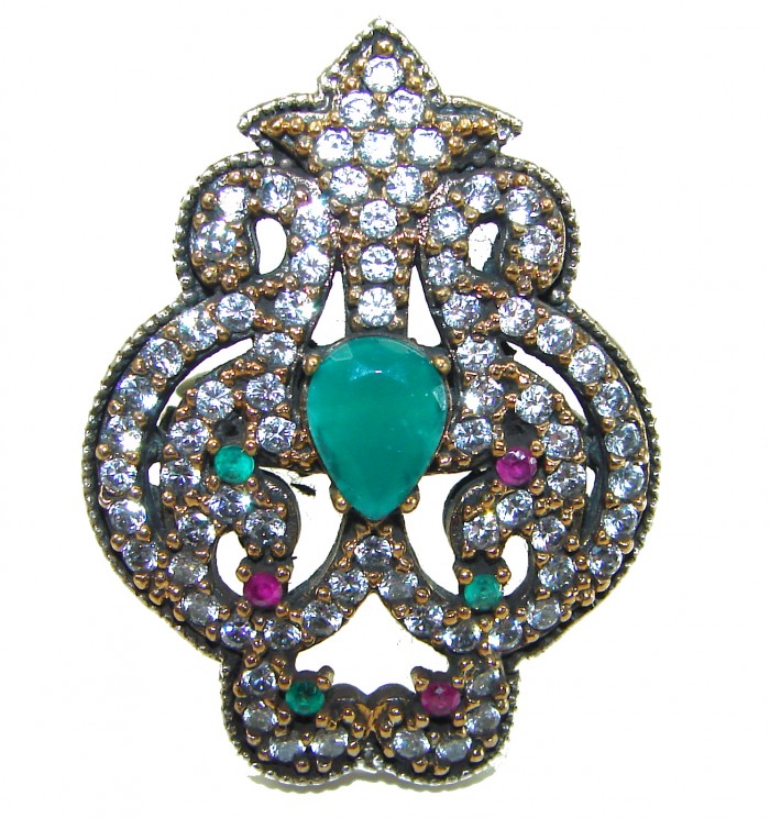 Emily 8.8 carat Emerald .925 Sterling Silver handmade Statement Ring size 8 1/4 - Ornate emerald and crystal brooch, front view, sterling silver.