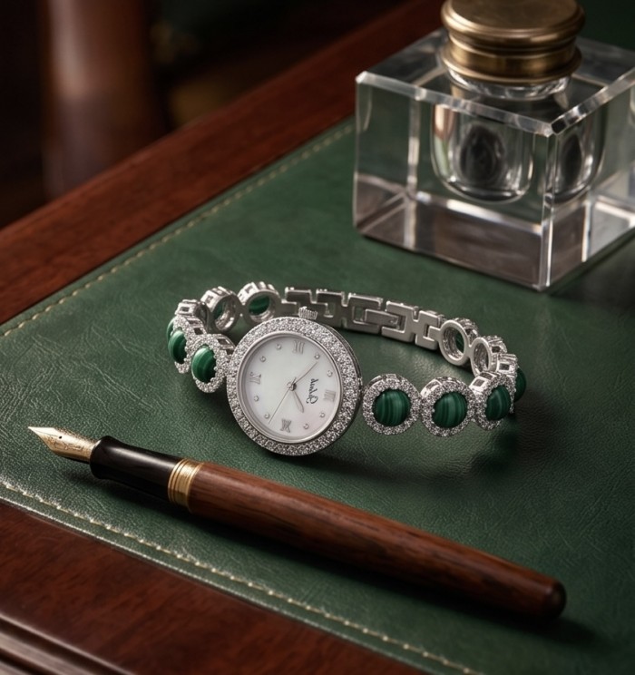Precious Authentic Malachite .925 Sterling Silver handmade Bracelet Watch - Elegant watch with malachite and silver bracelet on desk with fountain pen.