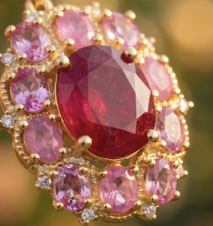 Rare 6.2 carat authentic Kashmir Ruby 18K Gold over .925 Sterling Silver handmade Statement Pendant - Close-up of 6.2 carat Kashmir Ruby in 18K gold setting with smaller stones