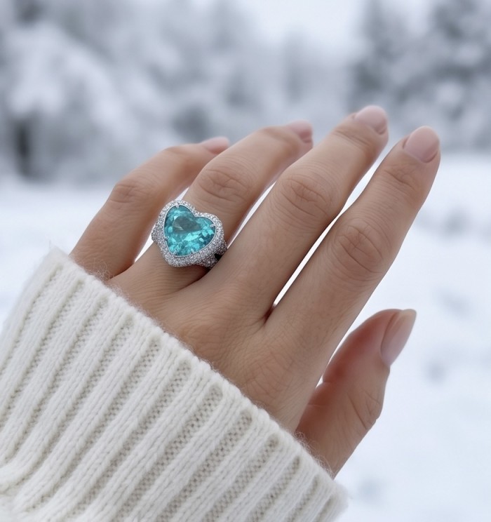 Deep Desire HEART SHAPE 18.8 carat Paraiba Tourmaline .925 Sterling Silver handcrafted ring size 8 - Heart-shaped Paraiba Tourmaline ring on hand in snowy background.