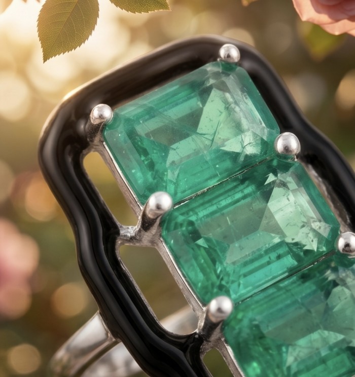 Art Deco 8.2 carat Colombian Emerald black enamel .925 Sterling Silver handcrafted Ring size 7 - Close-up of Art Deco Colombian Emerald with black enamel setting