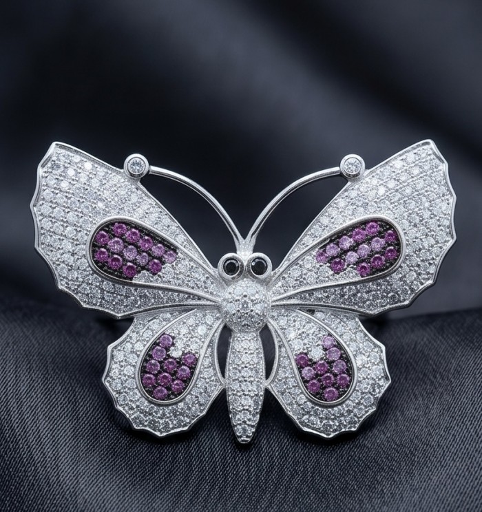 Precious Butterfly Genuine 10.5 carat Ruby .925 Sterling Silver handmade LARGE Statement Ring size 7 1/2 - Front view of butterfly brooch with rubies and sterling silver details.