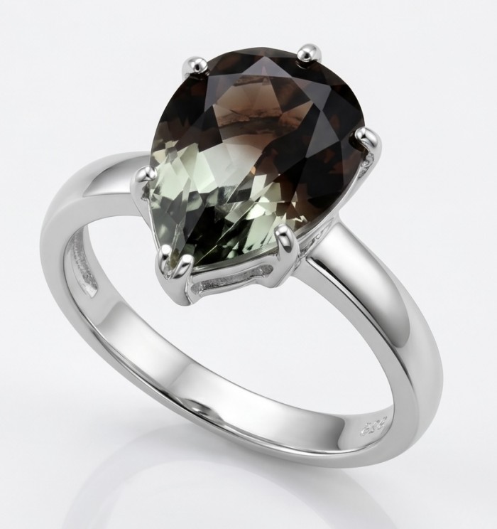 From dawn to dusk authentic 11.2 carat Brazilian Smoky Topaz .925 Sterling Silver Perfectly handcrafted Ring s. 8 - Side view of silver ring with pear-shaped Brazilian smoky topaz stone