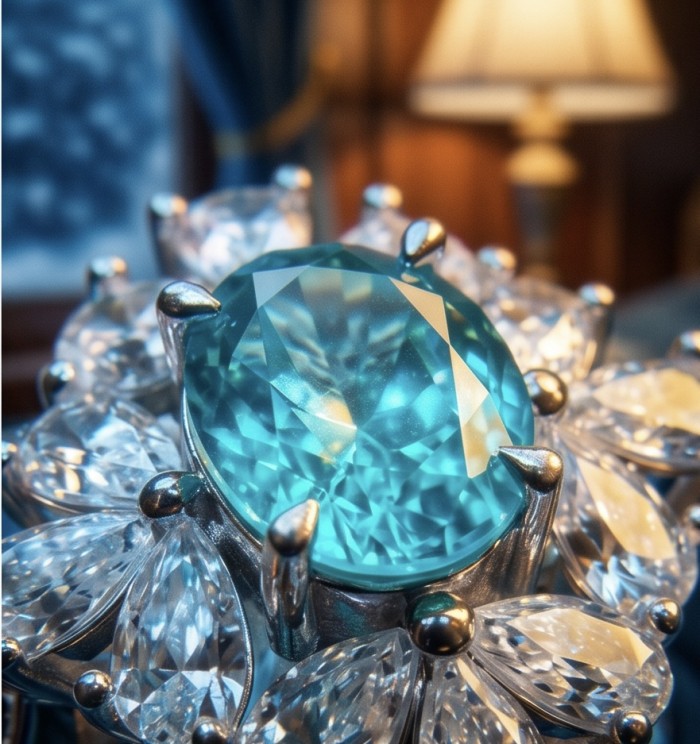 Wonderland 9.5 carat Brazilian Paraiba Tourmaline .925 Sterling Silver Handcrafted Ring size 7 1/4 - Close-up of 9.5 carat Brazilian Paraiba Tourmaline ring in .925 silver.
