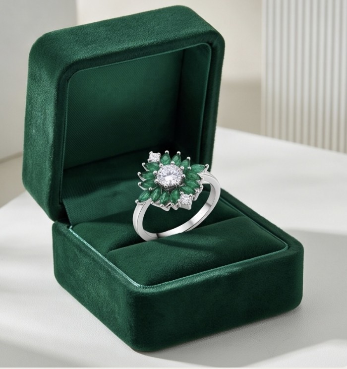 Giovanna - Authentic 5.9 carat COLOMBIAN EMERALD .925 Sterling Silver handcrafted handcrafted Ring size 7 1/4 - Emerald ring in green box, top view showing stone and details.