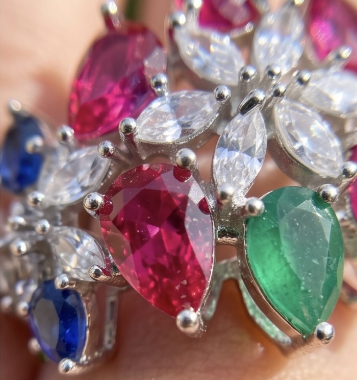 Valentina Genuine Ruby Emerald Sapphire rhodium over .925 Sterling Silver handcrafted Statement Ring size 8 - Close-up of Valentina ring with ruby, emerald, and sapphire stones.