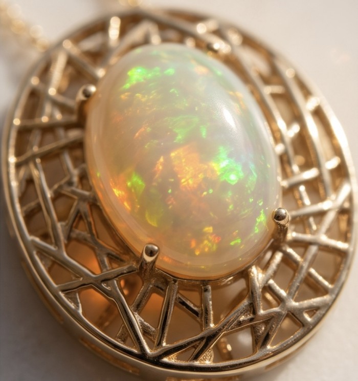 Earth Treasure Authentic 12.8 carat Golden Ethiopian Opal 22K Gold over .925 Sterling Silver handcrafted Statament Necklace - Close-up of 12.8 carat Golden Ethiopian Opal pendant in gold setting
