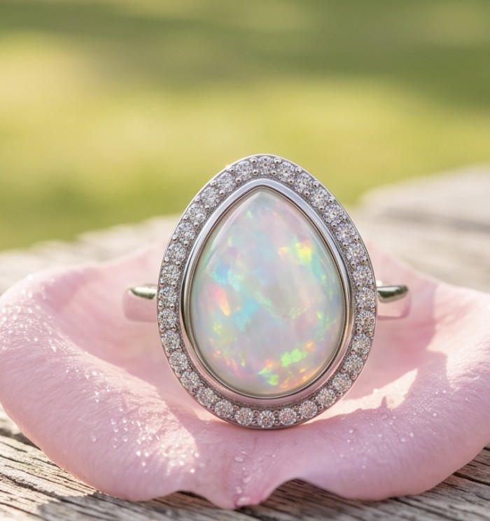 Endless Ocean Genuine 17.5 carat doublet Australian Opal .925 Sterling Silver handmade Ring size 6 - Close-up of pear-shaped Australian opal ring on a pink petal.