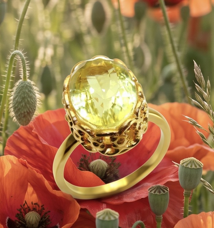 Summer Friday 12.8 carat Genuine Lemon Quartz 18K Gold over .925 Sterling Silver handcrafted ring size 9 - Close-up of Summer Friday 12.8 carat Lemon Quartz ring in flowers