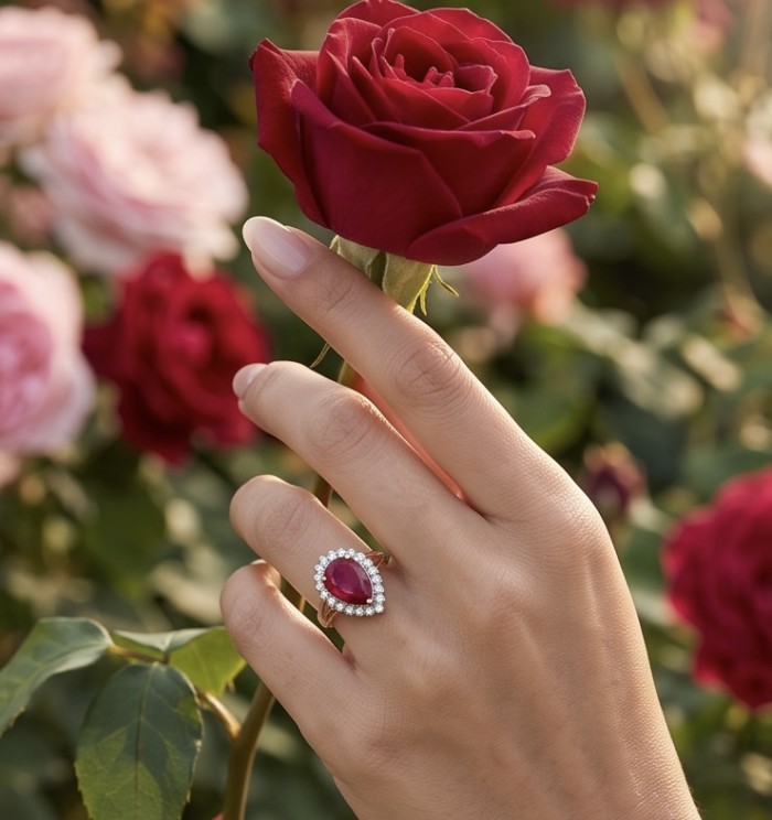 Scarlett - great quality! 12.4 ctw Mozambique Ruby .925 Sterling Silver dippedin 22K Gold handcrafted Statement Ring size 6 - Ruby ring worn on hand holding red rose, close-up view.