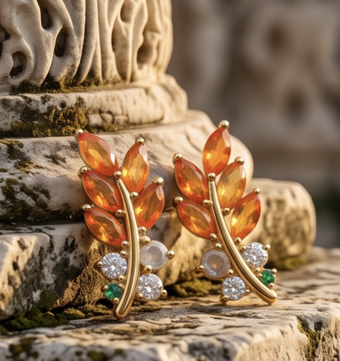 Valentina 3.9 carat Natural Orange Opal 22kGold over .925 Sterling Silver dipped in 22K Gold handcrafted earrings - Orange opal earrings close-up on stone with intricate gold setting
