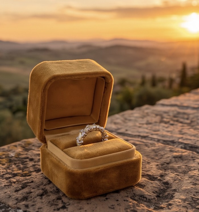 9.5 carat yellow Sapphire rhodium over .925 Silver handcrafted Cocktail Ring s. 7 1/4 - Ring in velvet box with sunset background, side view.
