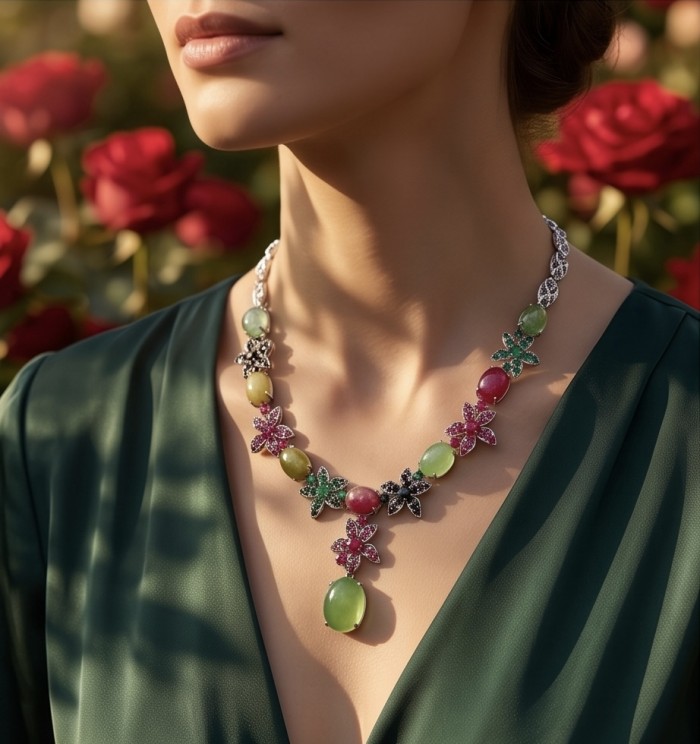 Isabella - Beauty of Nature natural 155.5 carat Ruby Green Tourmaline Rhodium over .925 Sterling Silver handmade Statement necklace - Necklace worn on model, showcasing gemstones and floral design.