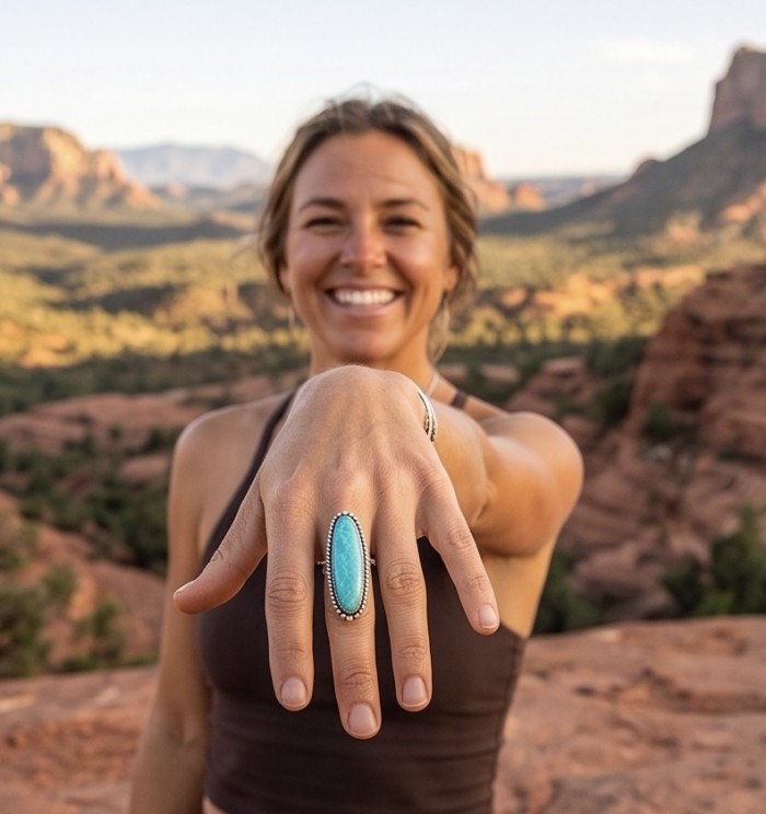 Go West - Rare authentic Manassa Green Turquoise from Colorado .925 Sterling Silver handcrafted Large ring; s. 6 3/4 - Turquoise ring worn on hand with desert landscape background.