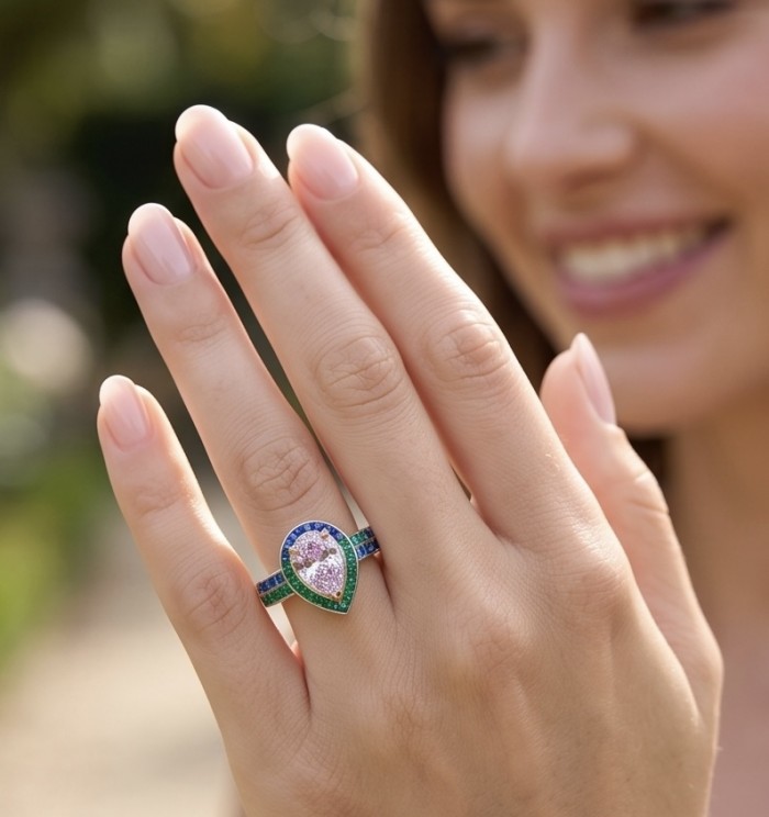 Emily - Art Deco - Precious genuine 9.8 carat Kunzite rhodium over .925 Sterling Silver handcrafted ring size 7 - Close-up of Emily Art Deco ring with Kunzite, worn on hand.