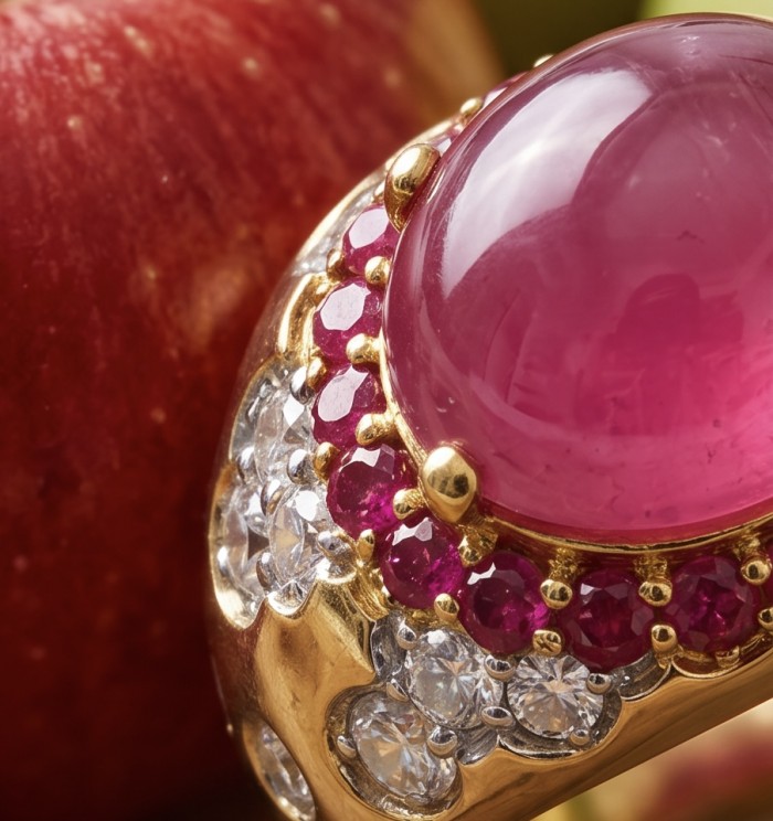 Giovanna 9.7 carat Kashmir Ruby .925 Sterling Silver dipped in 22K Gold handmade Statement Ring size 6 1/2 - Close-up of Giovanna 9.7 carat Kashmir ruby ring with accent stones.
