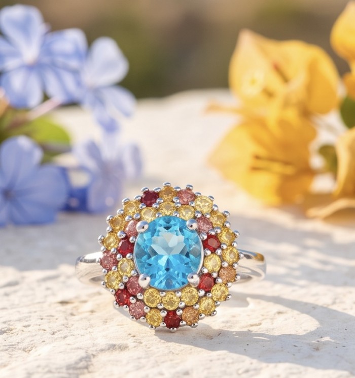 Atlantica 2.8 carat Swiss Blue Topaz .925 Sterling Silver dipped in rhodium handcrafted ring size 7 - Close-up of Atlantica Swiss Blue Topaz ring with multicolor stones.