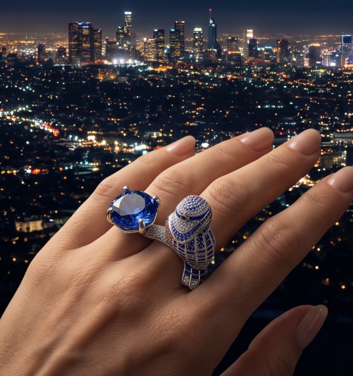Blue Bird 6.8 carat genuine Sapphire .925 Sterling Silver dipped in Rhodium Ring size 7 - Sapphire ring with bird design worn on hand, city skyline background